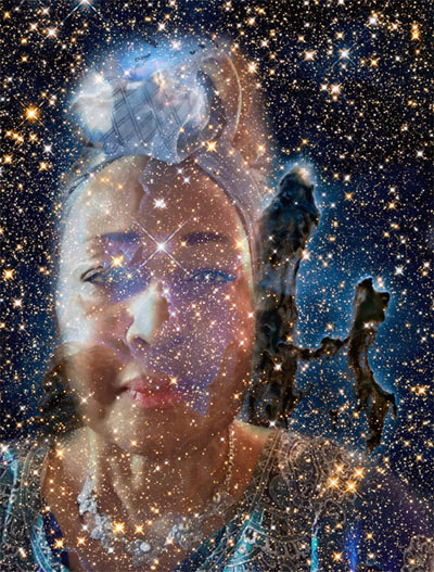 14. "Gullah Me: Galaxies," by Verneda Lights. (2017). Digital photography, photomontage with “Pillars of Creation” NASA infrared photo captured via Hubble Telescope. 10.4 x 13.7 in.