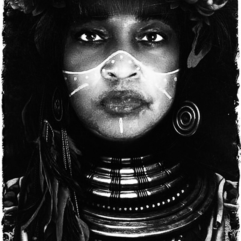 "Tribal Reality." | $3250 | Black and white self-portrait, photomontage and digital painting. Printed on vegan leather, 3’ x 3.’ |  #Techspressionist #Gullah art | © 2017 Verneda Lights.